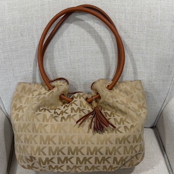 Michael Kors Handbags - Michael Kors Beige and Brown Monogram Shoulder Bag